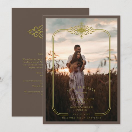 Brown Trendy Lace Flourish Initials Wedding Photo Save The Date (Voorkant / Achterkant)