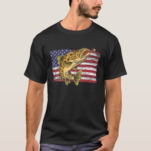 Brown Trout Fish Retro US American Flag Fi T-shirt (Voorkant)