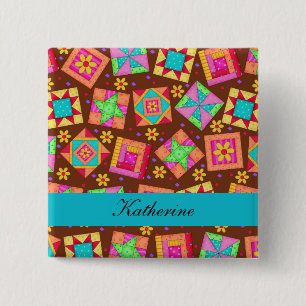 Brown Turquoise Blue Patchwork Quilt Name Badge Vierkante Button 5,1 Cm