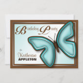 Brown Turquoise Butterfly Birthday Party nodigt ui Kaart (Voorkant)