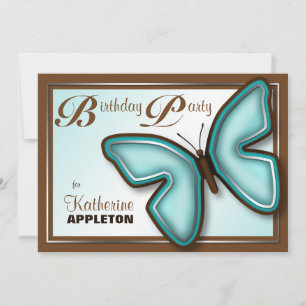 Brown Turquoise Butterfly Birthday Party nodigt ui Kaart