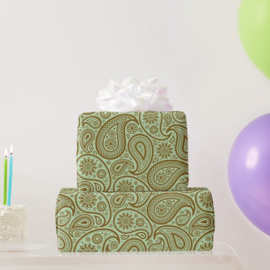 Brown Vintage Paisley Custom Green Background Cadeaupapier (Feestgeschenken)