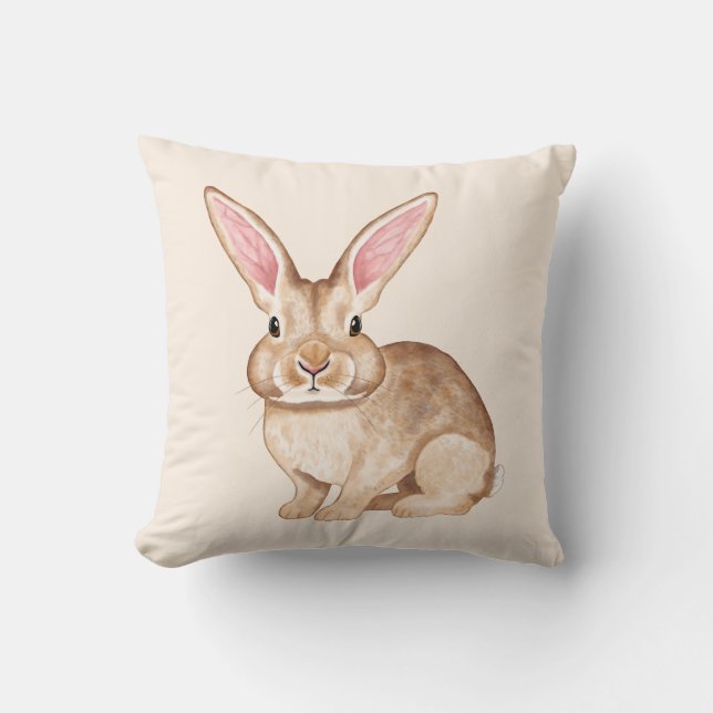 Brown Watercolor Bunny With Big Ears On Beige Kussen (Voorkant)