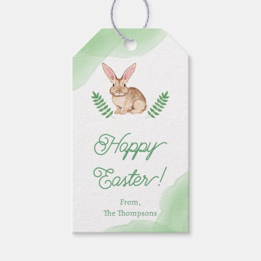 Brown Watercolor Bunny With Greenery Easter Cadeaulabel (Voorkant)