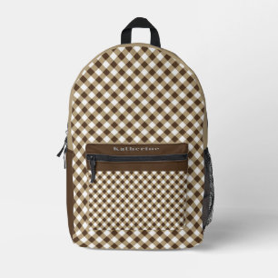 Brown White Gingham Bedrukte Rugzak
