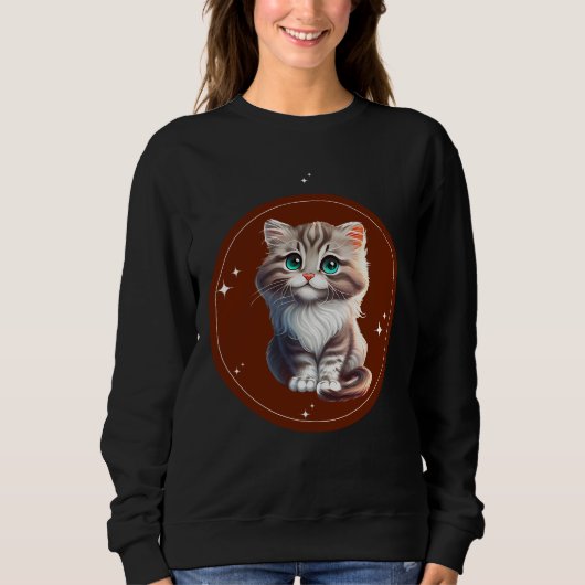 Brown White Illustrated Cute Cat T-Shirt (Voorkant)