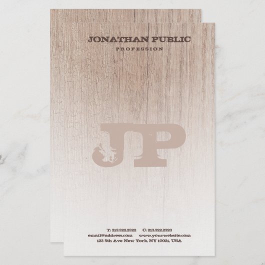 Brown Wood Board Kijk Monogram Sjabloon Briefpapier (Voorkant / Achterkant)