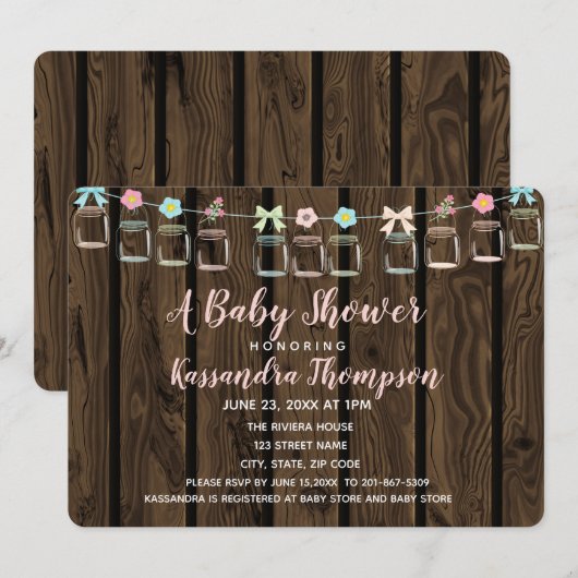 Brown Wood Rustic Mason Jar Baby shower Uitnodigin Kaart (Voorkant / Achterkant)