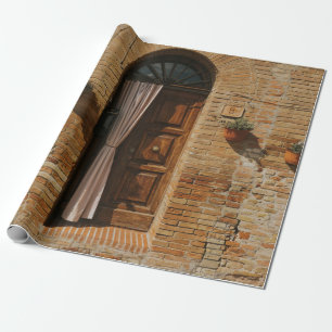 BROWN WOODEN DEUR OP BROWN BRICK WALL CADEAUPAPIER