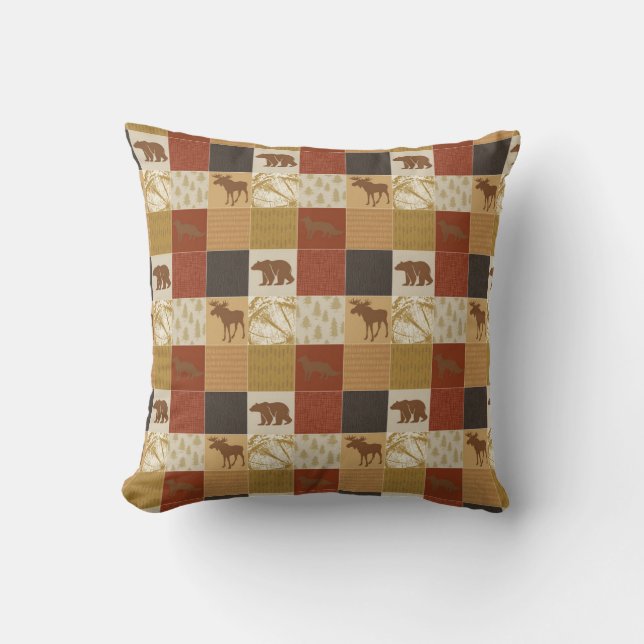 Brown Woodland Beren Patchwork Moose Fox Wildlife Kussen (Voorkant)
