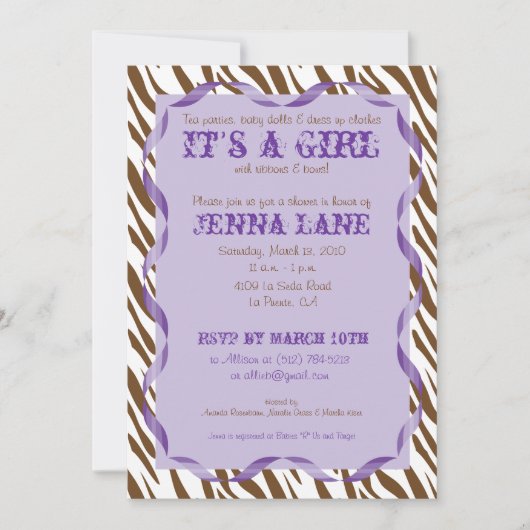 Brown Zebra Print Paars Ribbon Baby shower Invite Kaart (Voorkant)