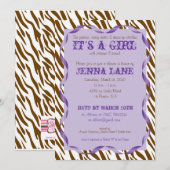 Brown Zebra Print Paars Ribbon Baby shower Invite Kaart (Voorkant / Achterkant)