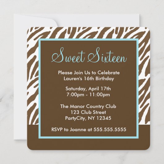 Brown Zebra Print Sweet Sixteen party Kaart (Voorkant)