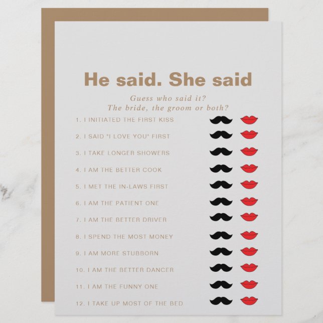 Brown zei dat ze zei dat Vrijgezellenfeest Game (Voorkant / Achterkant)