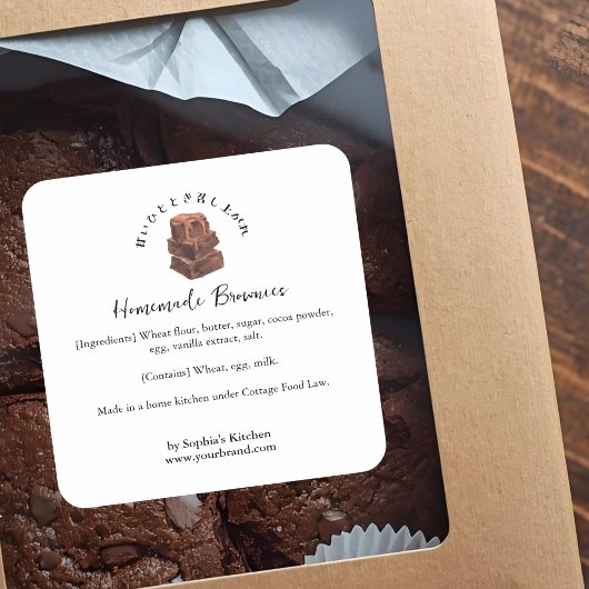 Brownie Watercolor Minimalist Bakery Ingredient Vierkante Sticker