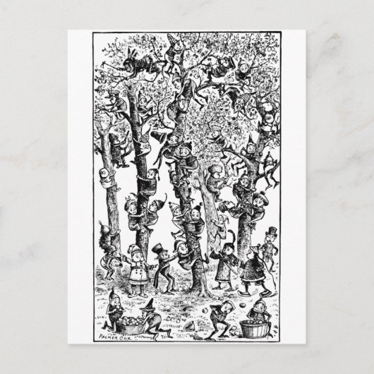 Brownies plukken appels in boomgaarden briefkaart (Voorkant)