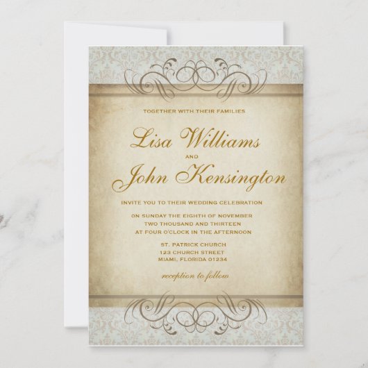 Brownish  Damask bruiloft uitnodiging (Voorkant)