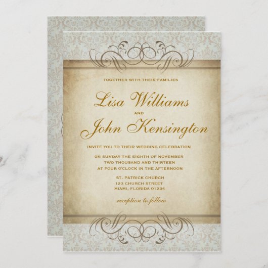 Brownish  Damask bruiloft uitnodiging (Voorkant / Achterkant)