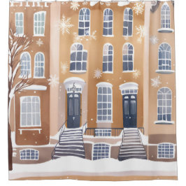 Brownstone Homes | Snowy City Street Watercolor Douchegordijn