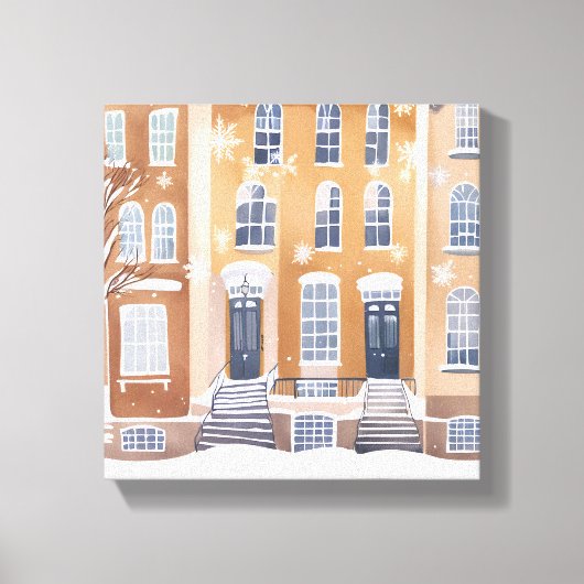 Brownstone Homes | Snowy City Street Waterverf Canvas Afdruk (Voorkant)