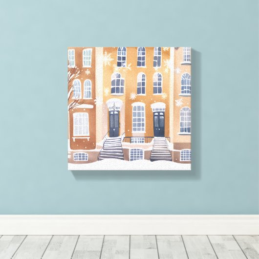 Brownstone Homes | Snowy City Street Waterverf Canvas Afdruk (Insitu (Houten vloer))