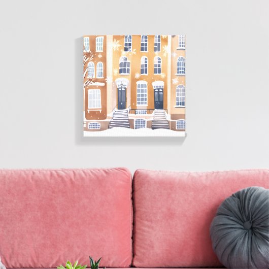 Brownstone Homes | Snowy City Street Waterverf Canvas Afdruk (Insitu (Woonkamer))