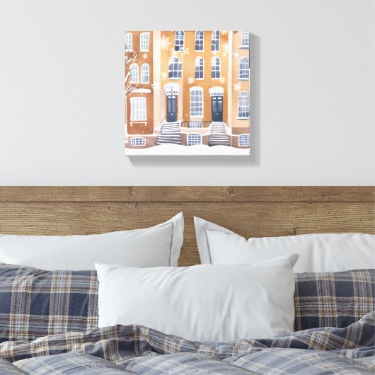 Brownstone Homes | Snowy City Street Waterverf Canvas Afdruk (Insitu (Slaapkamer))