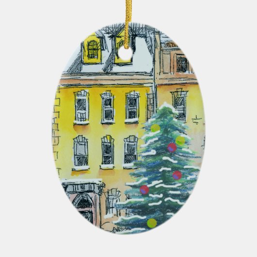 Brownstone Kerstmis Whimsical Hand Drawn Keramisch Ornament (Voorkant)
