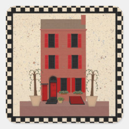 Brownstone met gepotte bomen ticker vierkante sticker