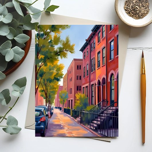 Brownstone Stadstraat | Boston Baksteen Aquarel  Briefkaart