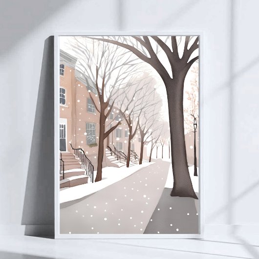 Brownstone Street | Snowy Winter Watercolor Art Poster