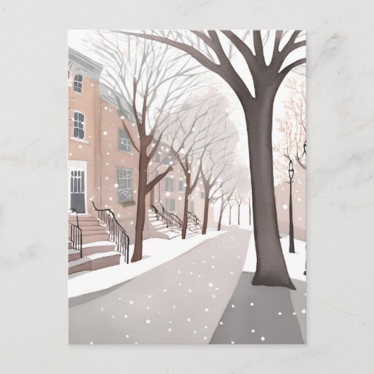 Brownstone Street | Waterverf van de sneeuwwinter Briefkaart (Voorkant)