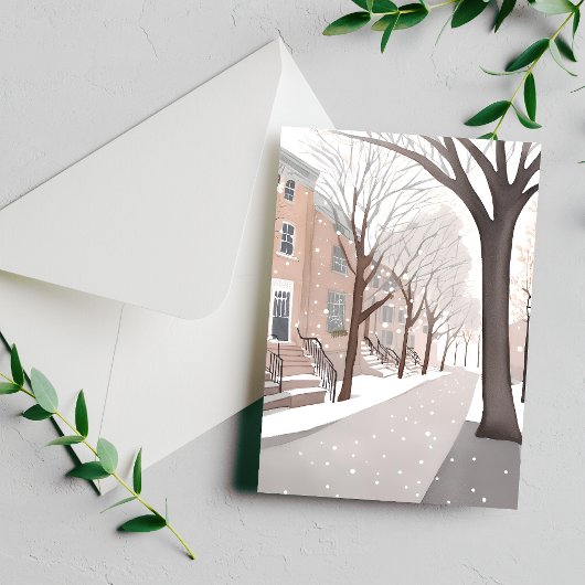 Brownstone Street | Waterverf van de sneeuwwinter Briefkaart