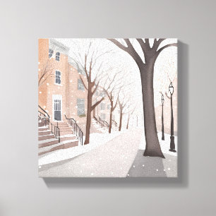 Brownstone Street   Waterverf van de sneeuwwinter Canvas Afdruk