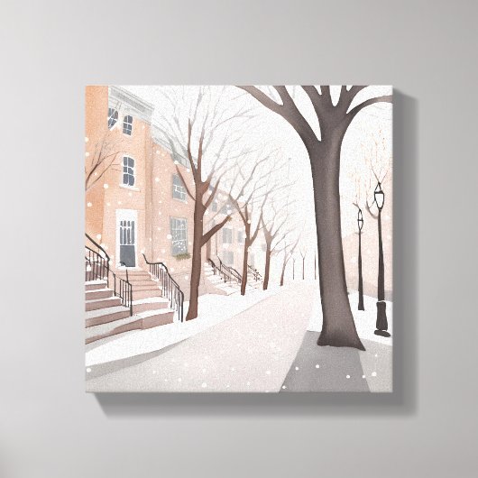 Brownstone Street | Waterverf van de sneeuwwinter Canvas Afdruk (Voorkant)