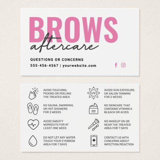 Brows Aftercare PMU Brow Instructions Kaart (Voorkant /achterkant)