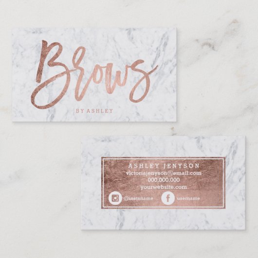 Brows faux roos gold typografie witte marmer visitekaartje (Voorkant / Achterkant)