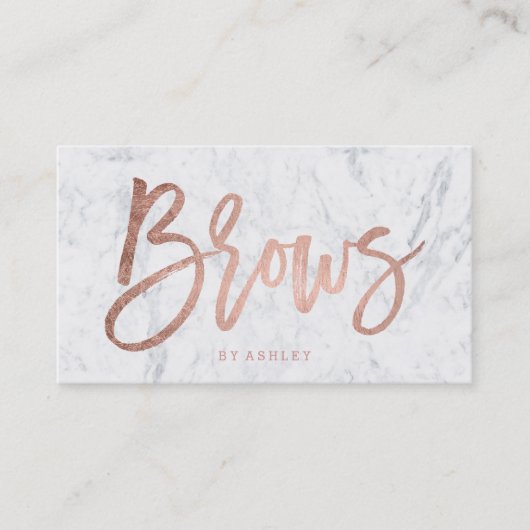 Brows faux roos gold typografie witte marmer visitekaartje (Voorkant)
