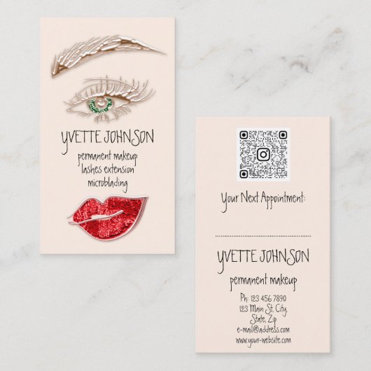 Brows Makeup Logo QRCode Roos Roze Lip Green Eye Visitekaartje (Voorkant / Achterkant)