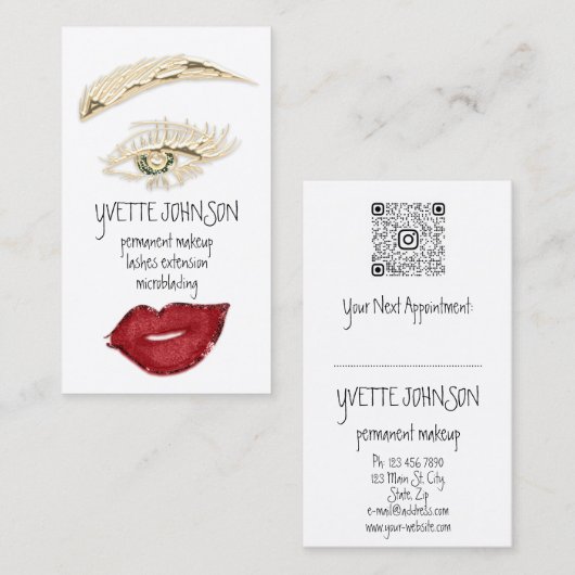 Brows Makeup QRCode Logo Red Lips Gold Eyelash Visitekaartje (Voorkant / Achterkant)