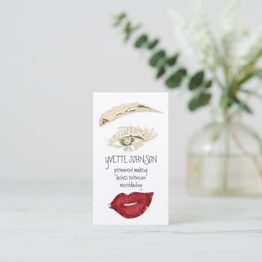 Brows Makeup QRCode Logo Red Lips Gold Eyelash Visitekaartje (Staand voorkant)