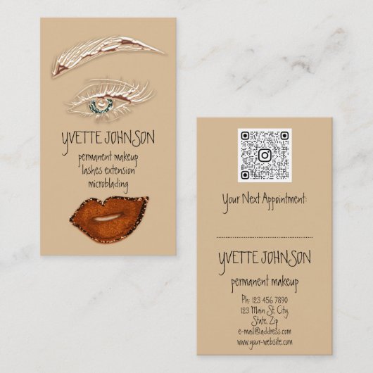 Brows Makeup QRCode Logo Roze Lips Green Eyelash Visitekaartje (Voorkant / Achterkant)