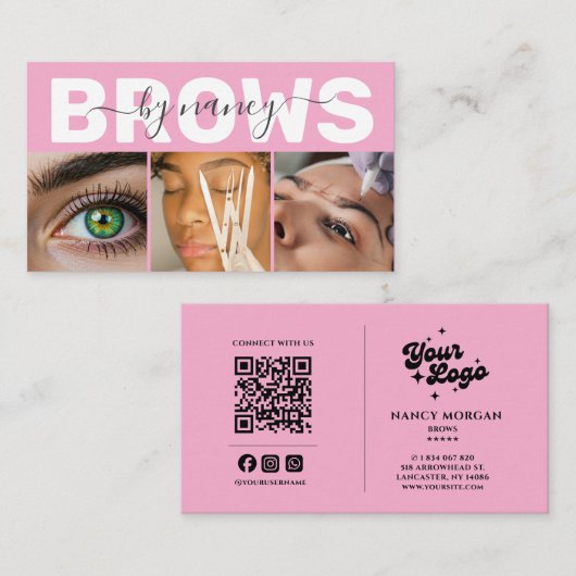Brows Photo Qr Code Logo Blush Pink Visitekaartje (Voorkant / Achterkant)