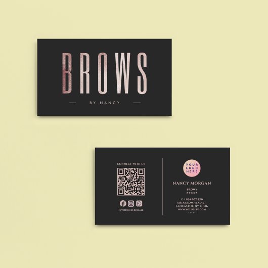 Brows QR-code en logo roze goud glitters Visitekaartje