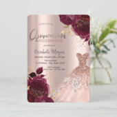 Brrgundy Flowers Roos Gold Dress Quinceañera Kaart (Staand voorkant)