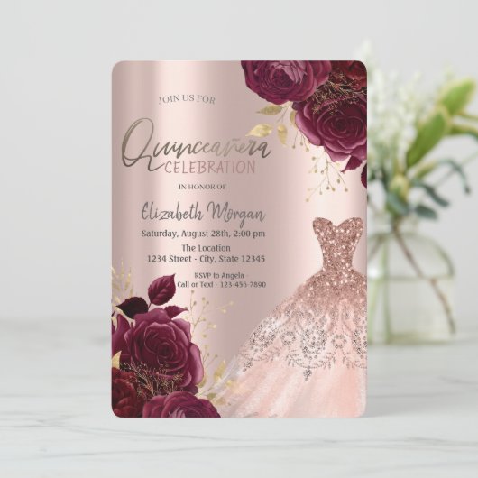 Brrgundy Flowers Roos Gold Dress Quinceañera Kaart (Staand voorkant)