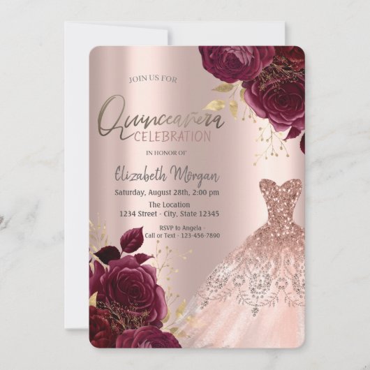 Brrgundy Flowers Roos Gold Dress Quinceañera Kaart (Voorkant)