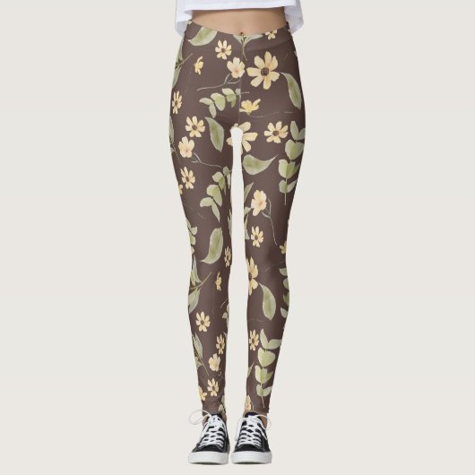 Brrown Whimsy Retro Bloemmotief Leggings (Voorkant)