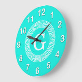Brt Aqua Wht Greek Key RND Lijst Initiaal Monogram Grote Klok (Hoek)