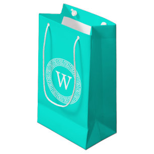 Brt Aqua Wht Greek Key RND Lijst Initiaal Monogram Klein Cadeauzakje